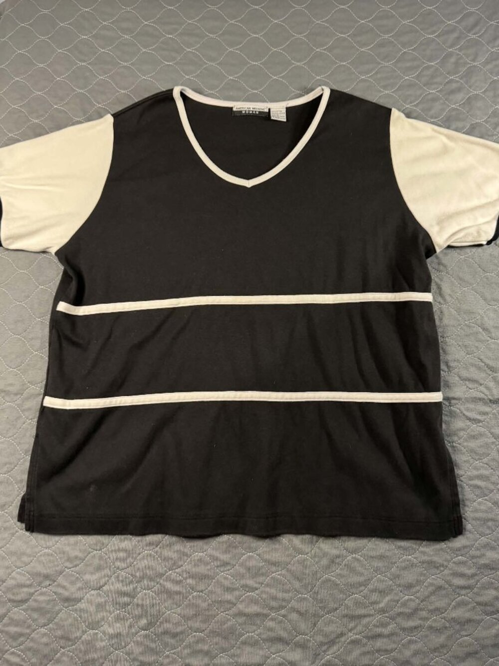American Weekend Woman Colorblock Tee Shirt Black White Stripes Size 1X Plus Top